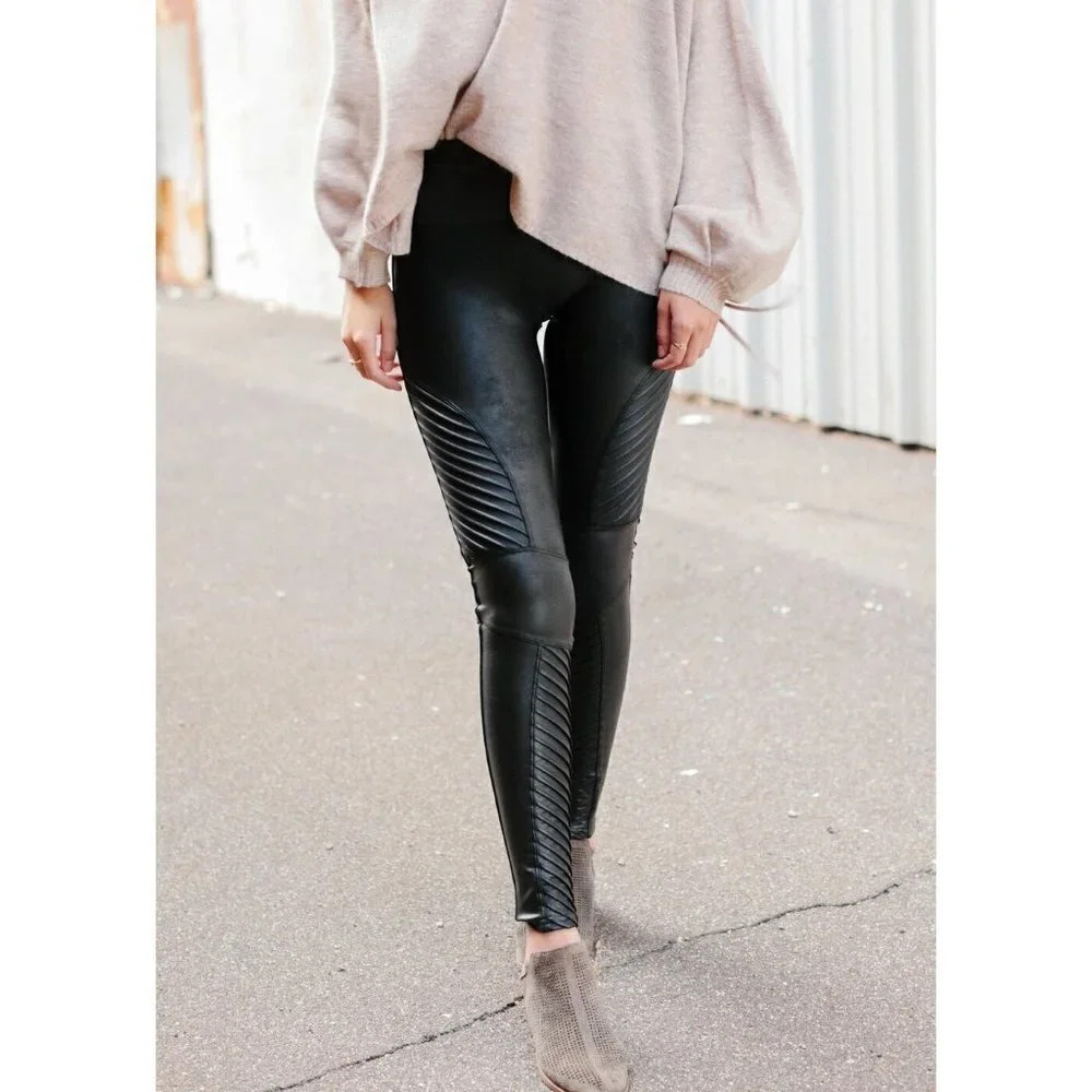 Spanx Black Faux Leather Moto Leggings